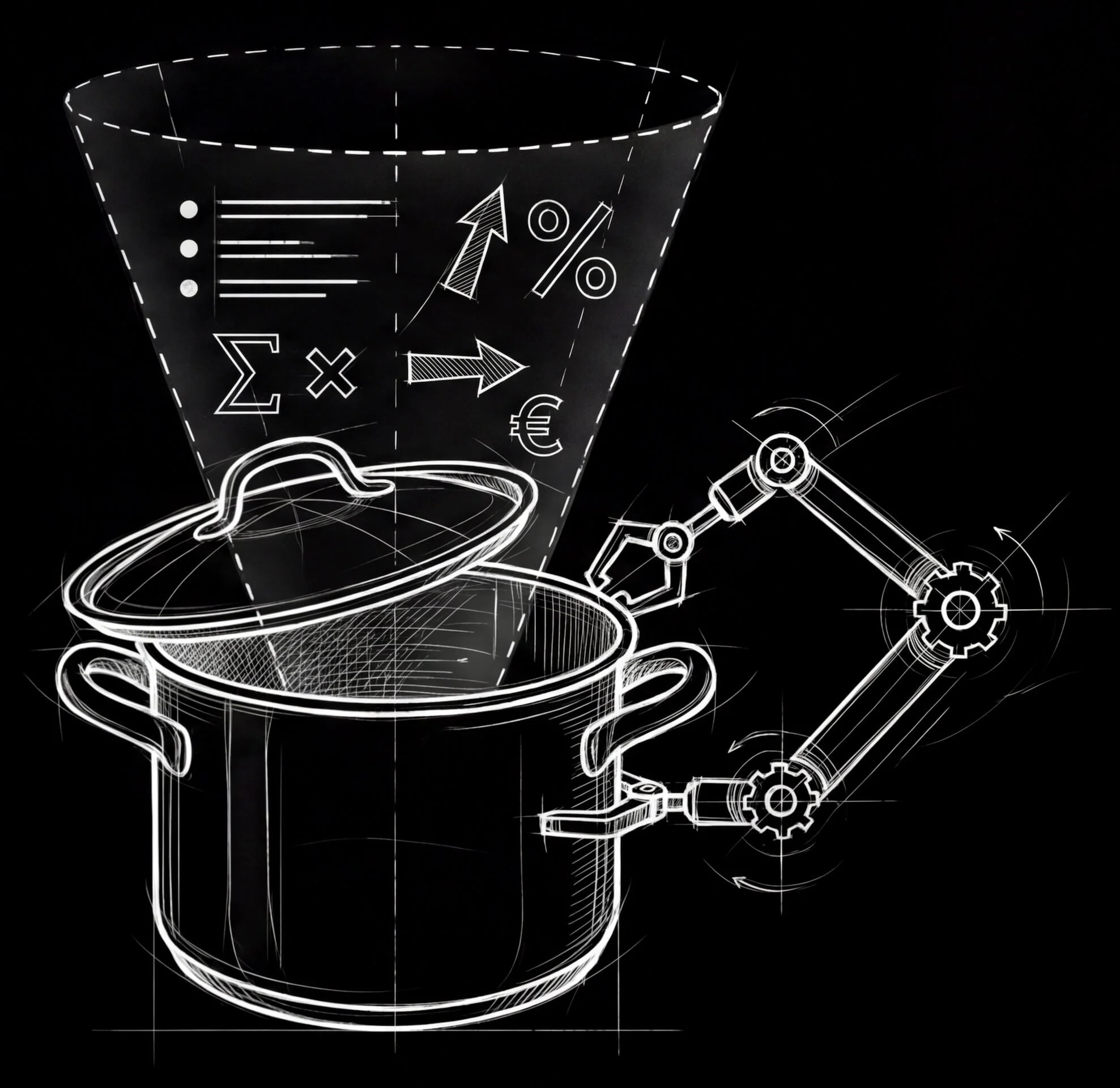 Skizze eines Kochtopfs mit aufgesetztem Deckel und einem Kasten darüber, die mit mathematischen, statistischen und wirtschaftlichen Symbolen. Symbol für die Hotel Mission AI Hotel KI Beratung für Anwendungen in der Küche.