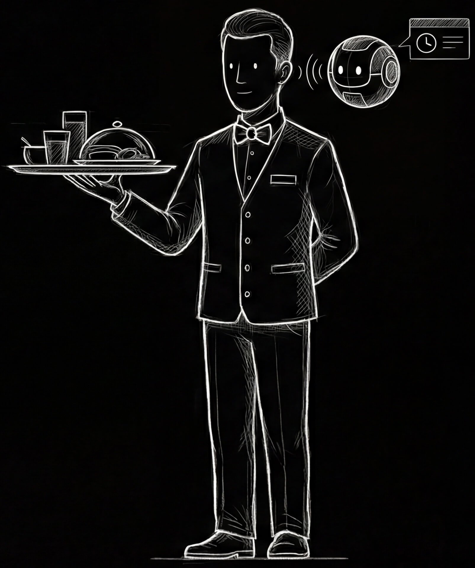 Zeichnung eines männlichen Kellners, der ein Tablett mit Essen trägt, mit einem Roboter und einer Uhr im Hintergrund. Das Bild stellt die Digitalisierung in der Gastronomie dar.