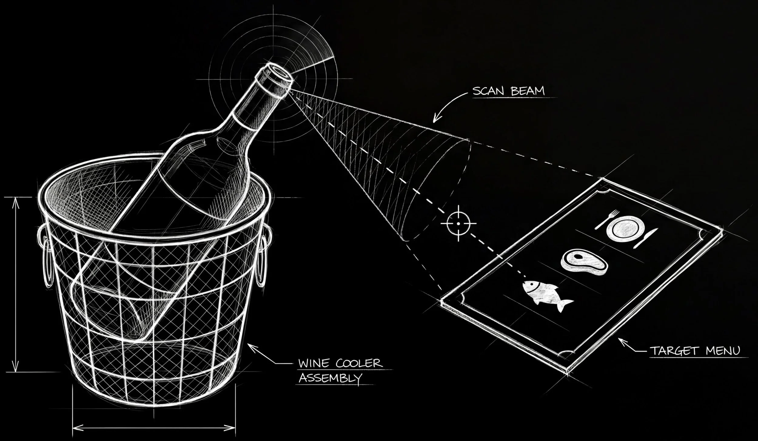 Skizze eines Wein Kühler-Designs mit Beschriftungen, zeigt die Weinflasche im Kühler, Scanstrahl, Zielmenü mit Fisch, Steak und Teller, und die Bezeichnung 'Wine Cooler Assembly'. Symbol für die Hotel Mission AI Hotel KI Beratung im Bereich Service.