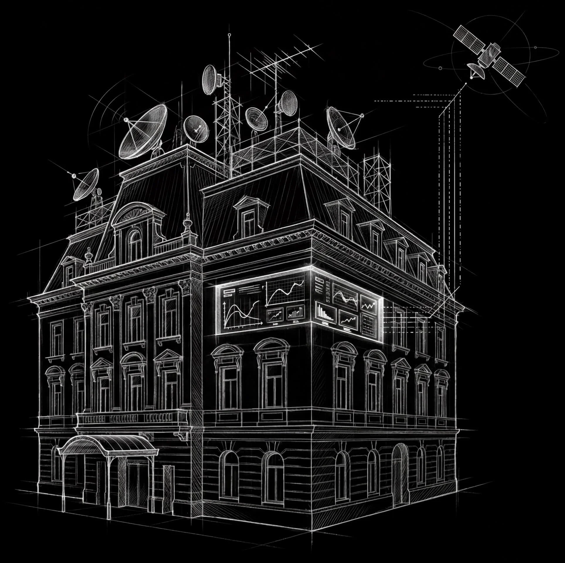 Skizze eines Hotel-Gebäudes mit modernen Satellitenantennen auf dem Dach und Analysebildschirmen an der Seite, die die Digitalisierung in der Hotellerie darstellen.