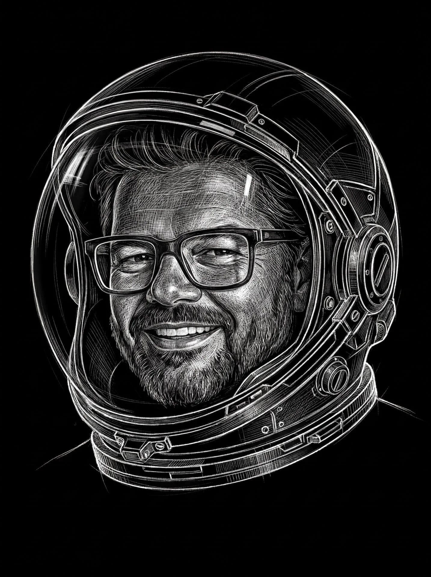 Illustration von Peter Just in einem Astronautenhelm.