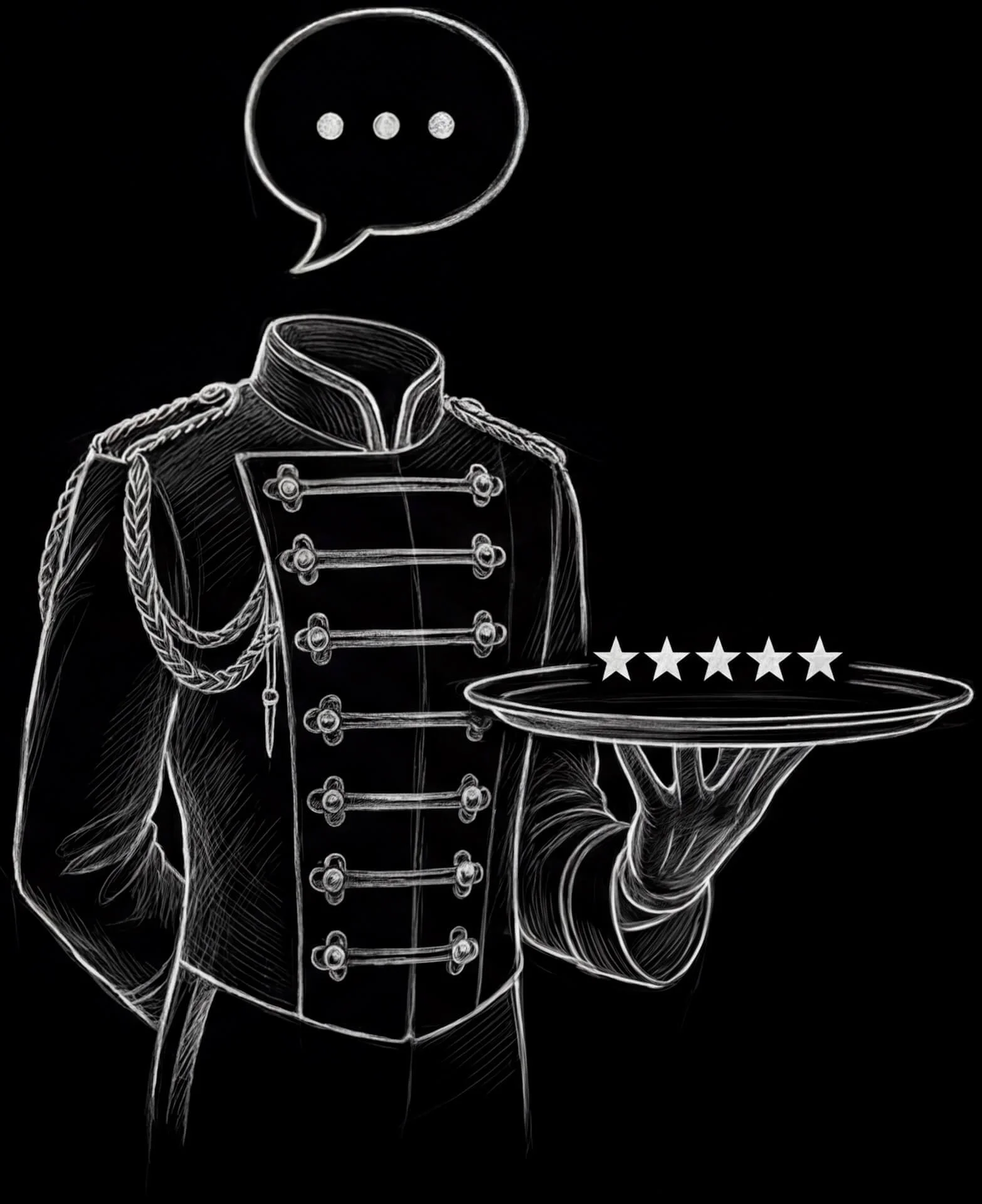 Skizze eines Kellners in Uniform, der einen Teller mit fünf Sternen hält, und eine Sprechblase mit drei Punkten darüber. Symbol für die Hotel Mission AI Hotel KI Beratung für Bewertungs-Management.