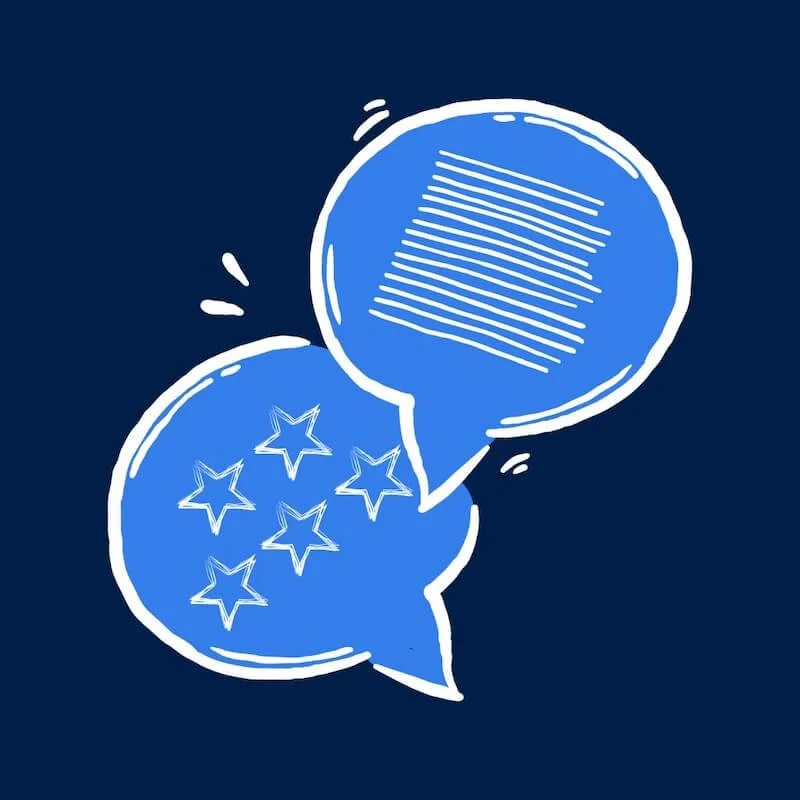 Zwei Sprechblasen, eine mit Sternen und die andere mit Textlinien, auf dunkelblauem Hintergrund. Symbol für die Hotel Mission AI Hotel KI Anwendung zum Beantworten von Bewertungen.