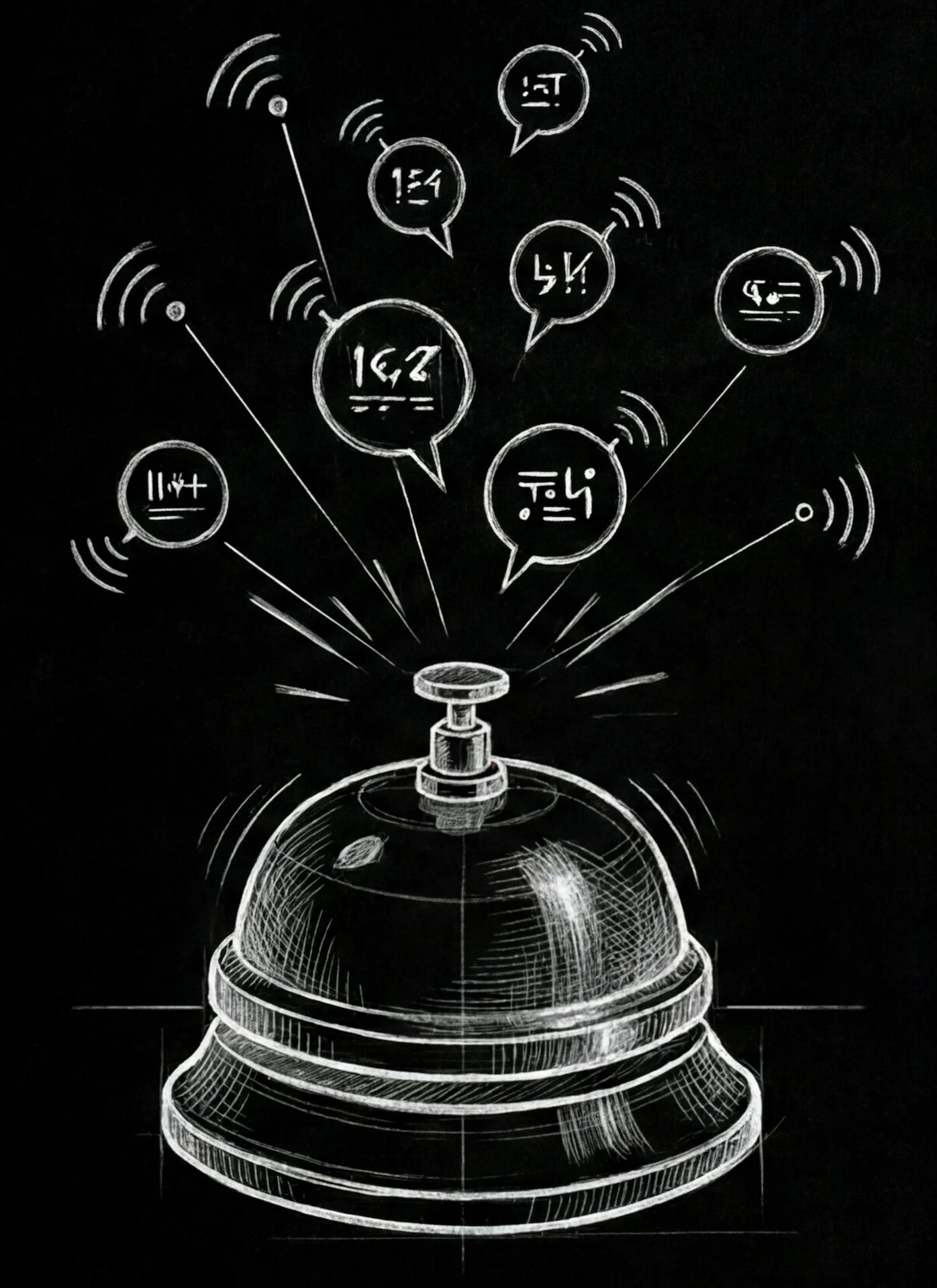 Skizze einer Klingel mit verschiedenen Sprechblasen und Zahlen, die auf eine Kommunikation oder ein Netzwerk hinweisen. Symbol für die Hotel Mission AI Hotel KI Beratung in Front Office Prozessen im Hotel.