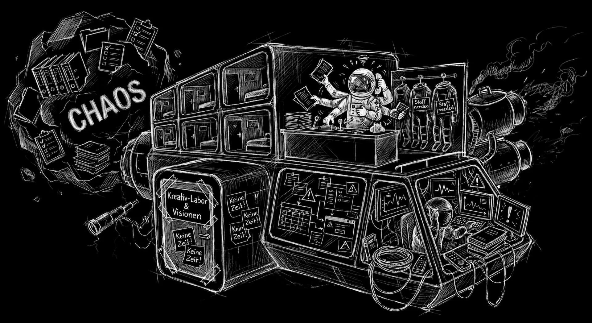 Schwarz-weiß-Zeichnung eines chaotischen Raumschiffs mit Wissenschaftlern, Computern, Stickern, und Notizen, das durch ein Chaos-Tor fliegt. Das Bild stellt die Überforderung der Hotellerie mit der Digitalisierung dar.