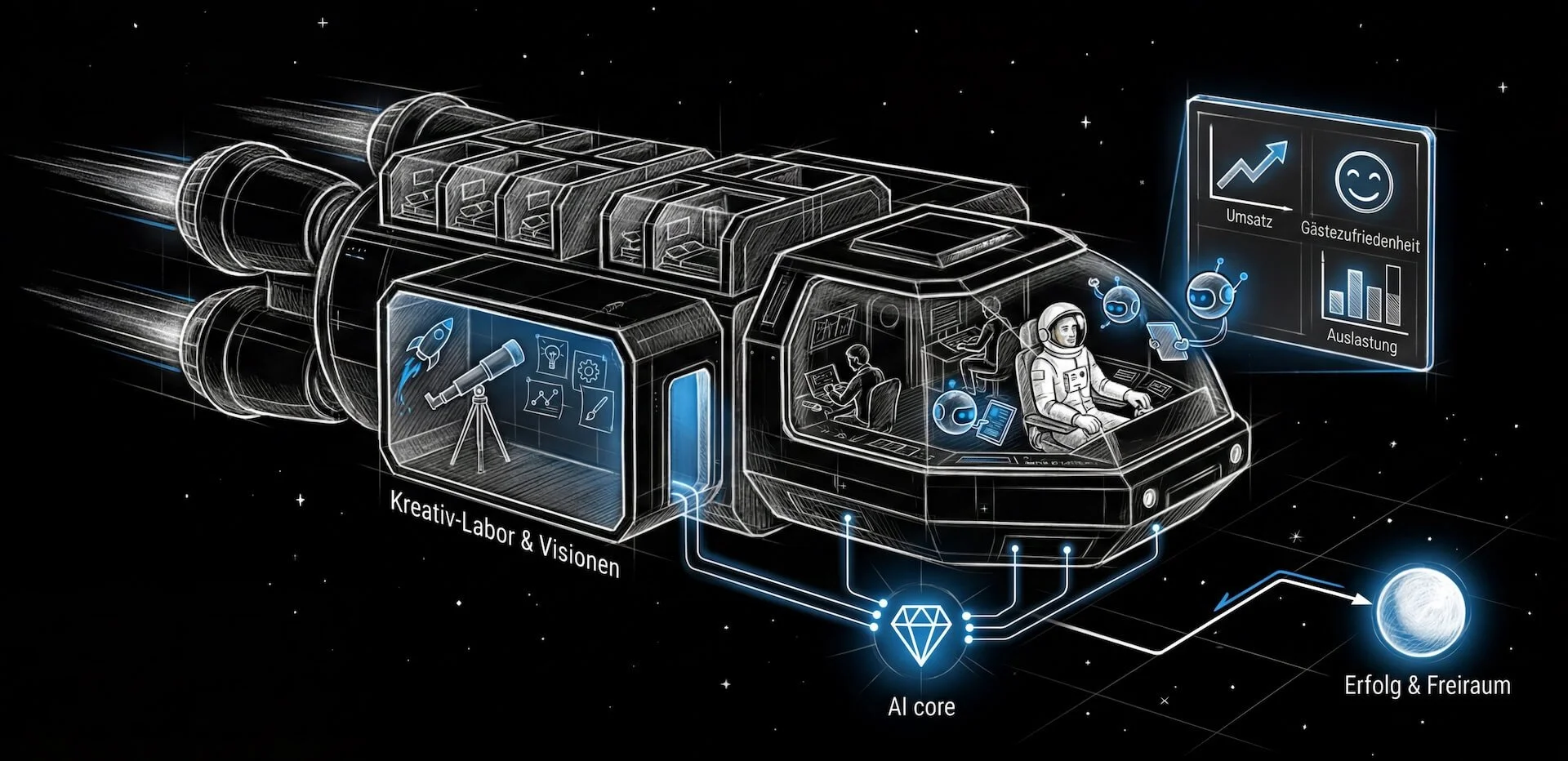 Illustration eines Raumfahrzeugs mit verschiedenen technischen Komponenten, Wissenschaftlern und Robotern, umgeben von digitalen Anzeigen mit Grafiken, Diagrammen und Symbolen, welche Innovation, Kreativität und Erfolg der Hotellerie symbolisieren.