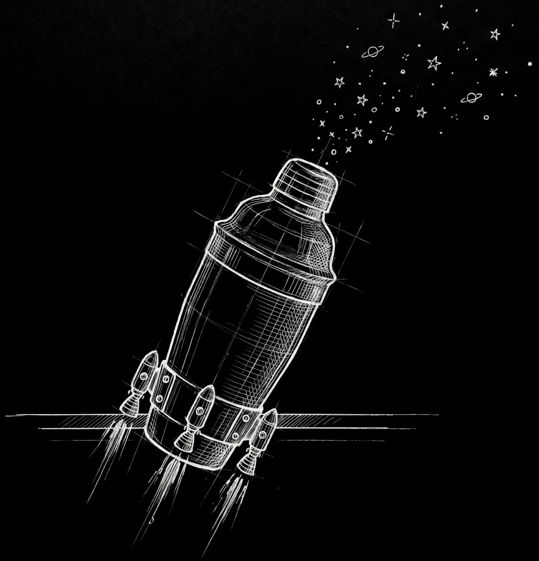 Grafische Darstellung eines Cocktail Shakers in Raketen-Form in Strichzeichnung auf schwarzem Hintergrund, mit Sternen und Planeten im All. Symbol für die Hotel Mission AI Hotel KI Beratung im Bereich Bar und Service.