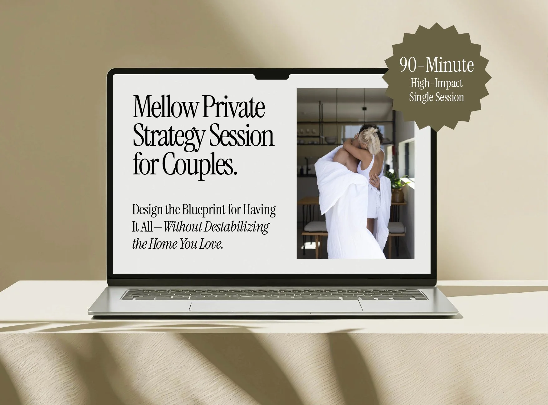 Laptop displaying an advertisement for a private strategy session for couples, featuring a photo of a woman embracing a man in bed, with a beige wall background and a gold badge indicating a 90-minute high-impact session.