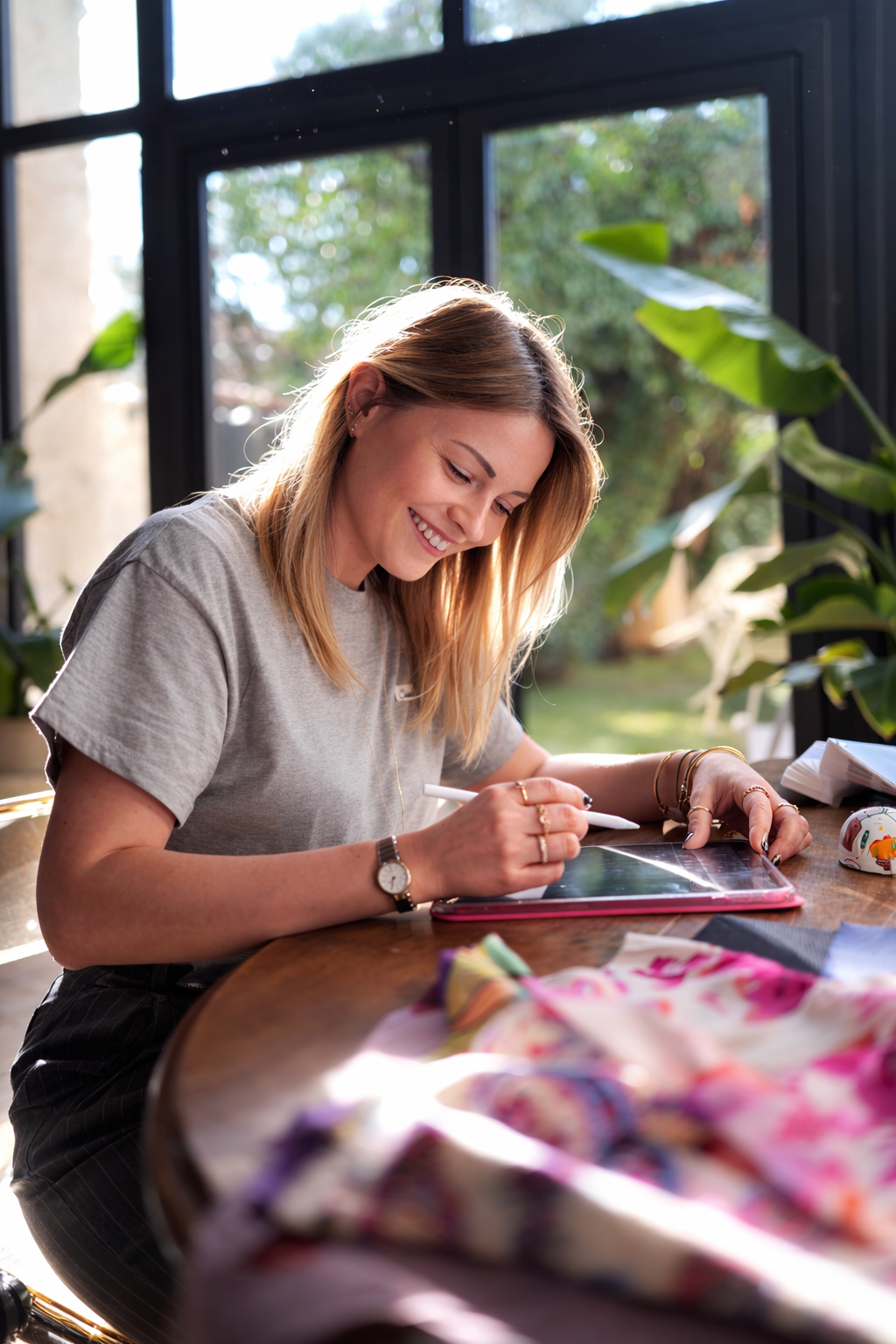 Une femme souriante utilise une tablette graphique sur une table en bois avec des tissus colorés, à proximité de grandes fenêtres laissant entrer la lumière naturelle.