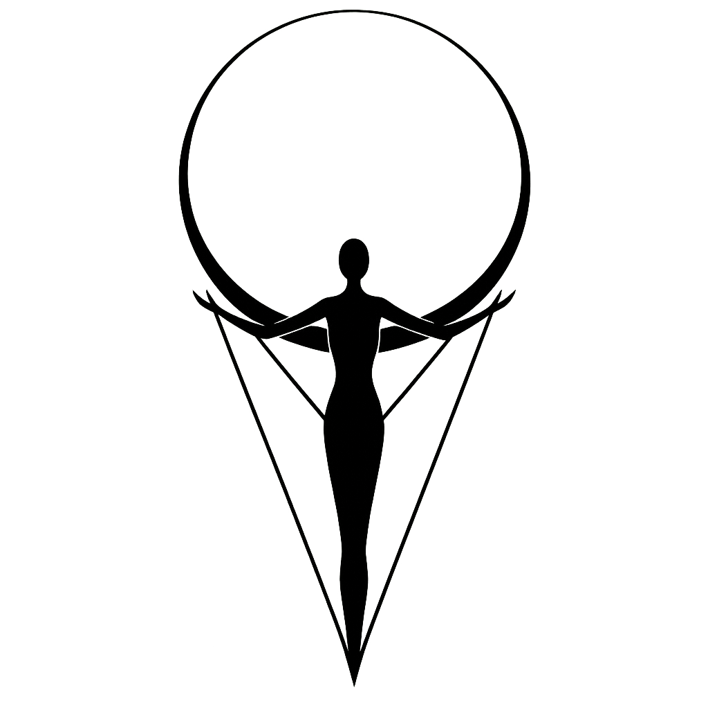 Silhouette d'une figure humaine féminine en position de yoga, avec un cercle au-dessus de la tête et des lignes formant un triangle inversé, sur un fond vert dégradé.