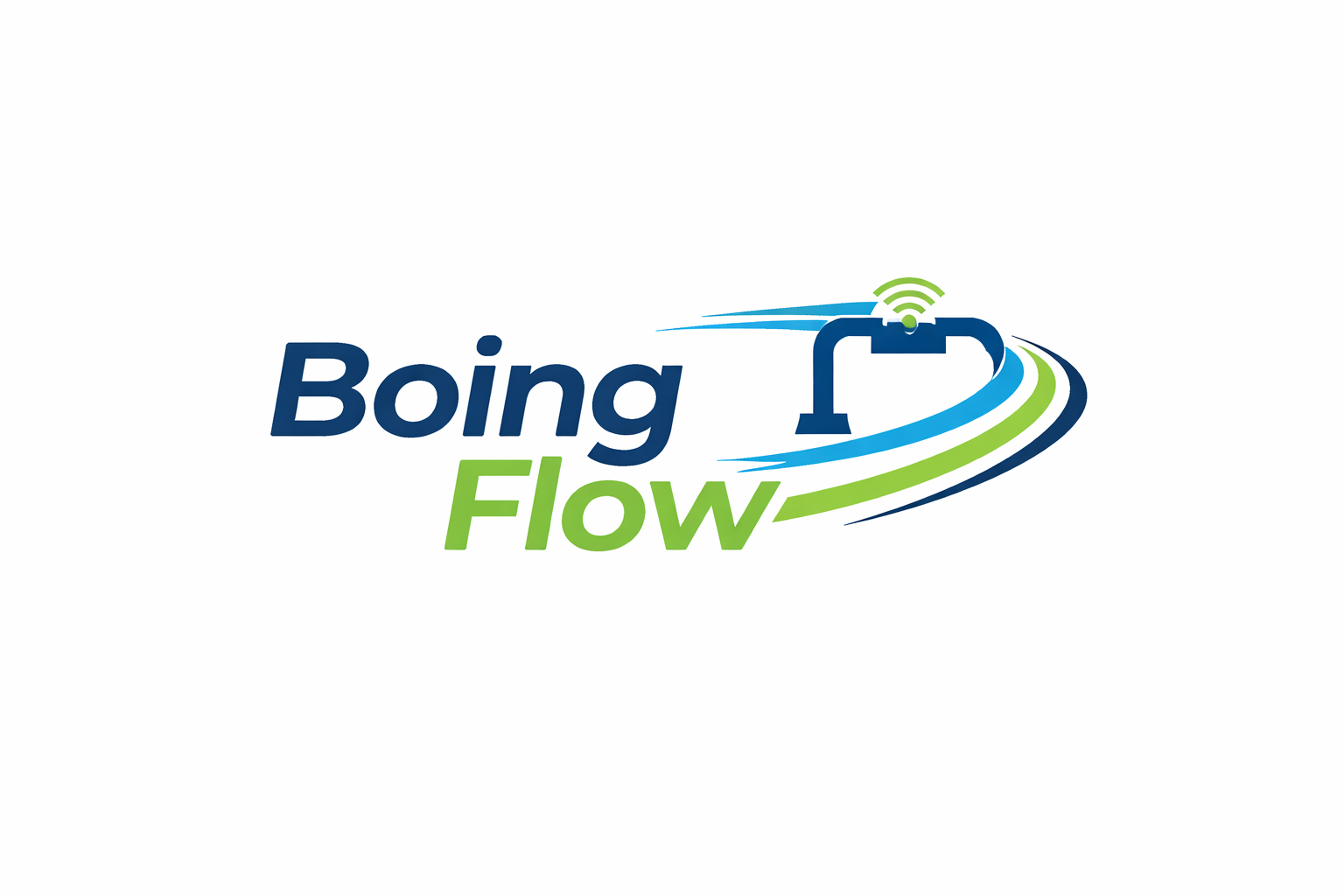Logotipo do Boing Flow com o nome em letras azuis e verdes, com um símbolo de uma ponte conectada a ondas de fluxo de cores azul e verde, e um símbolo de Wi-Fi acima da ponte.
