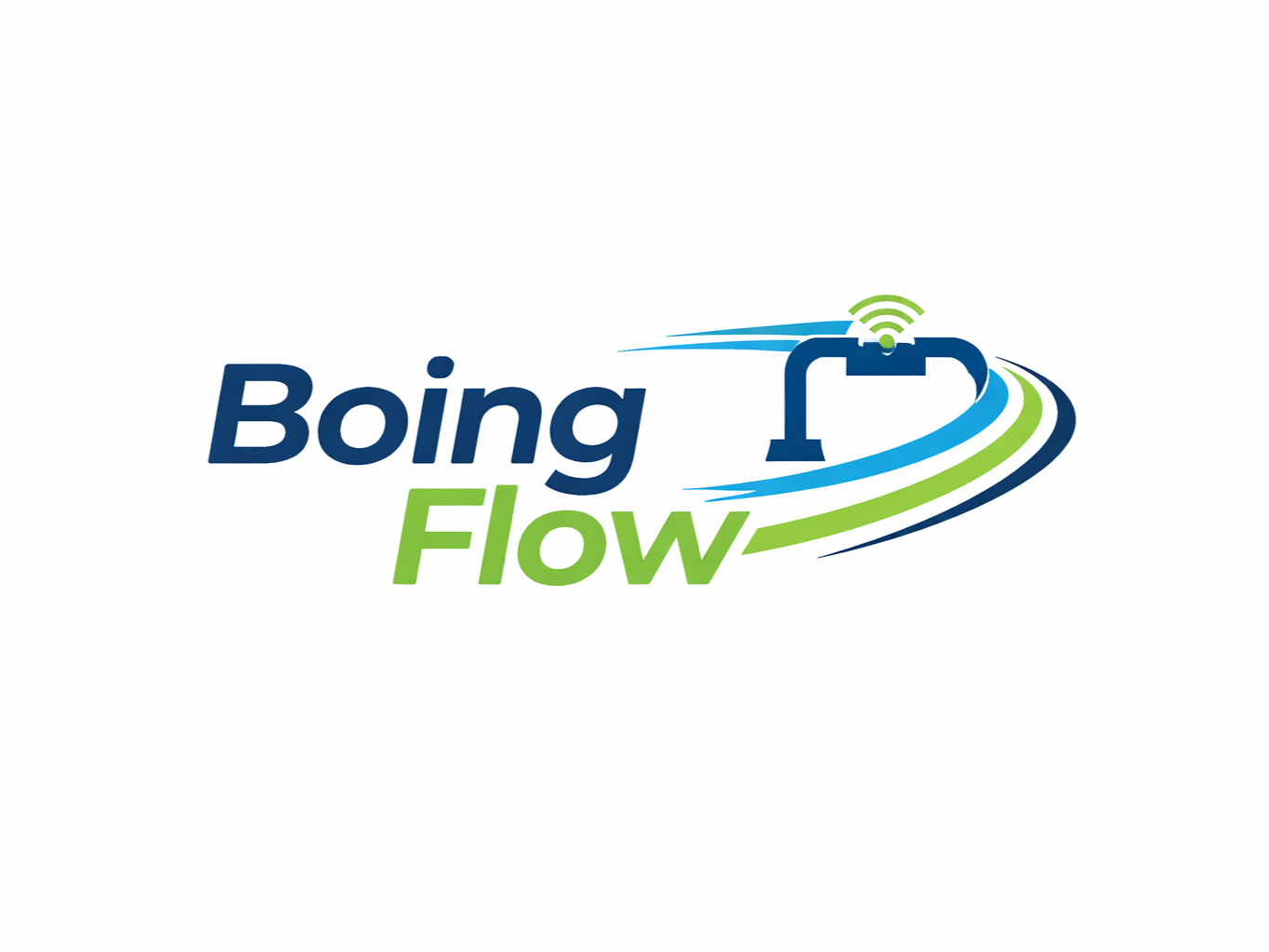 Logo com as palavras 'Boing Flow' em cores azul e verde, com um traçado que simula movimento e um símbolo de conexão Wi-Fi acima de um ícone que lembra uma estrutura, indicando fluxo e tecnologia.