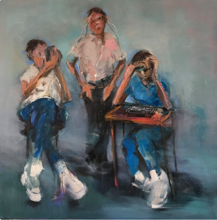 Peinture représentant deux enfants assis, l'un avec un téléphone, et une personne debout entre eux, regardant l'écran d'une tablette.