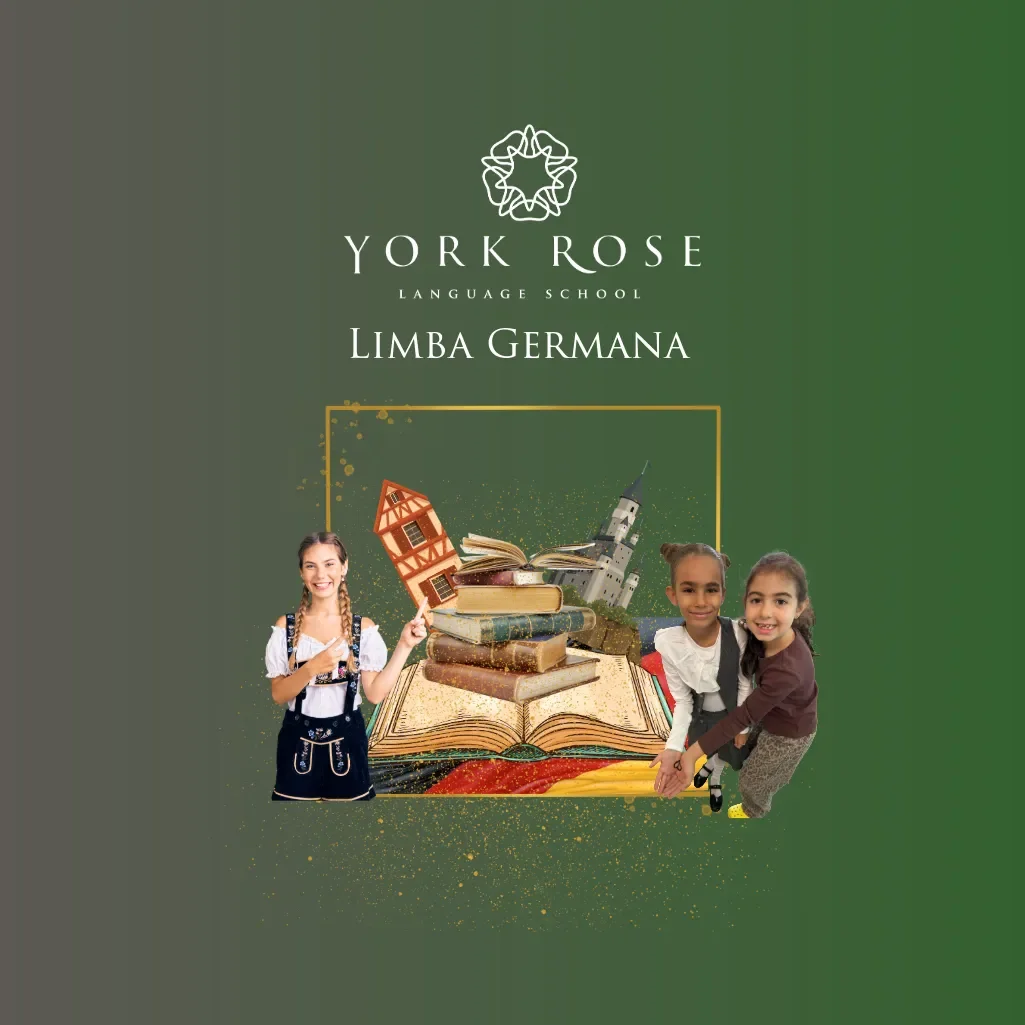 Cursuri de limba germană pentru copii la York Rose Language School Constanța – banner cu copii, cărți și simboluri ale Germaniei.