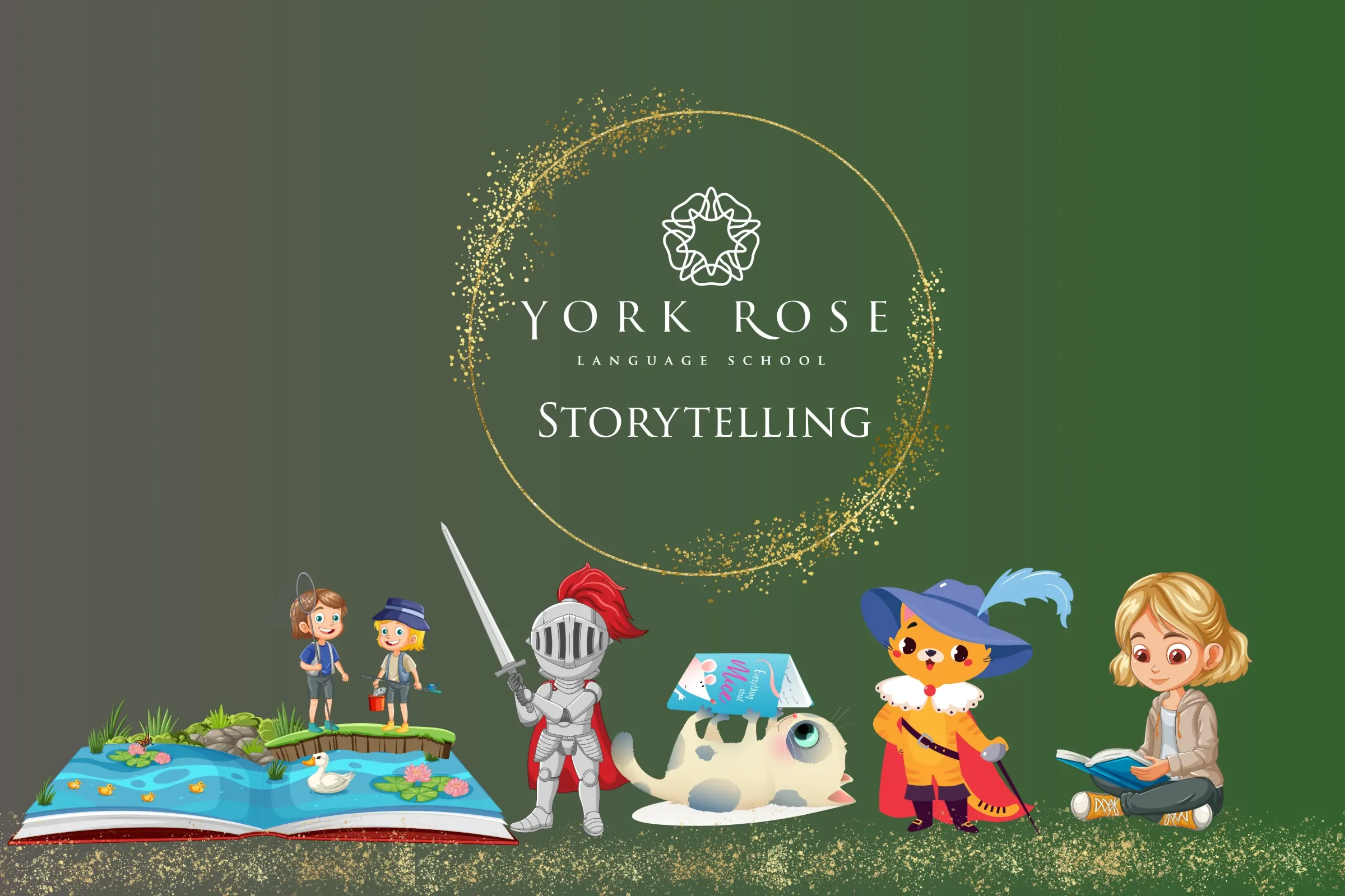 Ilustrație curs Storytelling York Rose Language School Constanța: copii și personaje de basm precum un cavaler, Puss in Boots și o carte pop-up magică pe fundal verde cu detalii aurii.