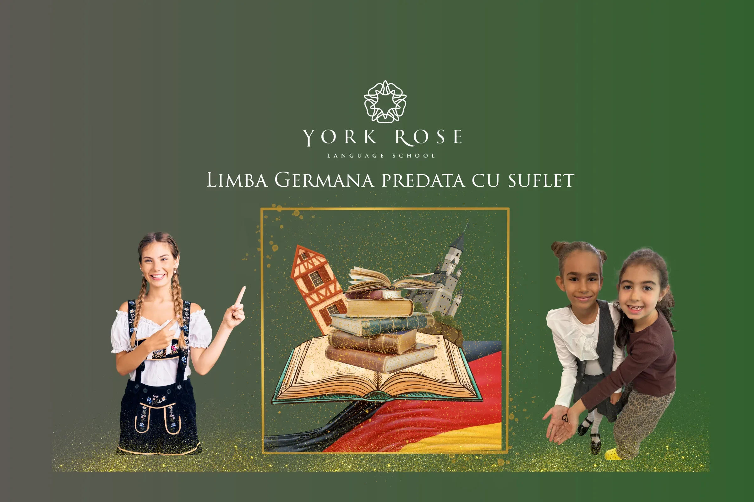 Cursuri de limba germană pentru copii la York Rose Language School Constanța – banner cu copii, cărți și simboluri ale Germaniei.