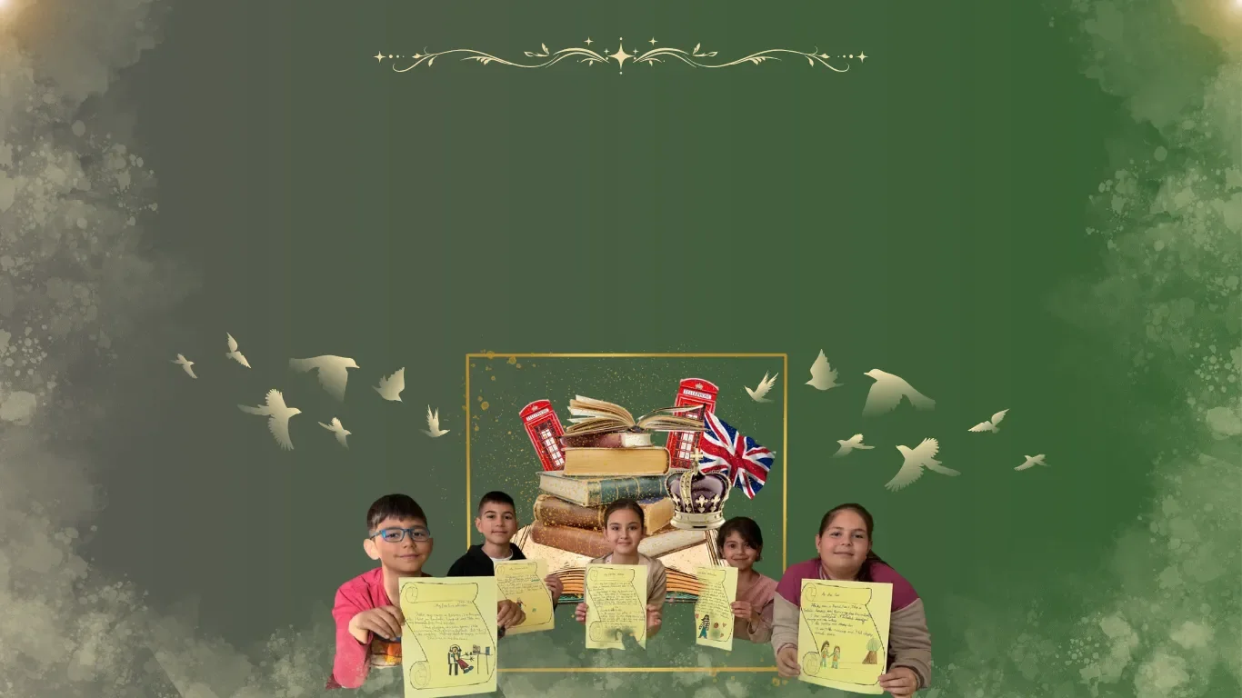 Cursuri de engleza in Constanta pentru copii si adolescenti la York Rose Language School, cu elemente tematice britanice si textul Aripi prin Limba Engleza pe fundal verde.