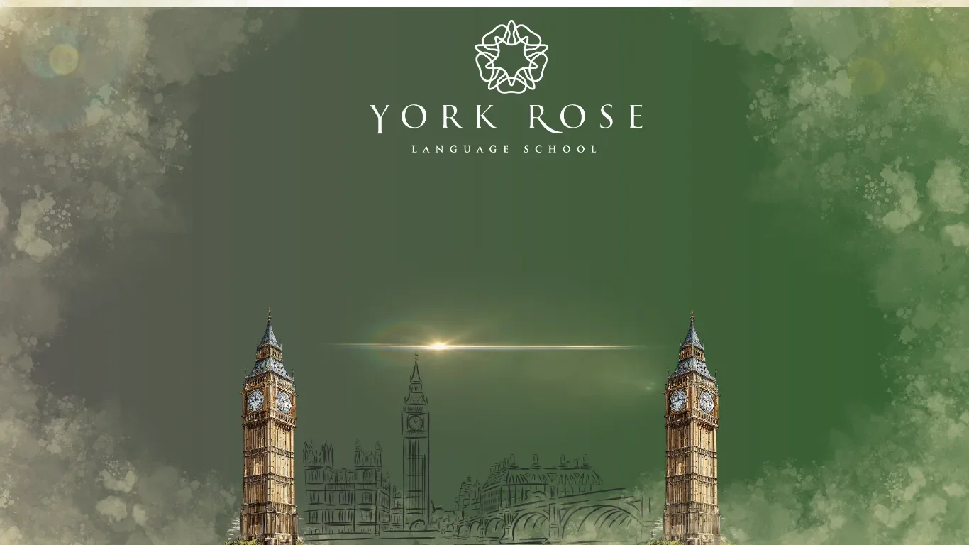 Bannerul cursurilor de vară de engleză York Rose Language School pe fundal verde, prezentând cele 5 module interactive în chenare aurii: Discover the World, Jolly Hearts, Happy Smurfs, Storytelling și Public Speaking.