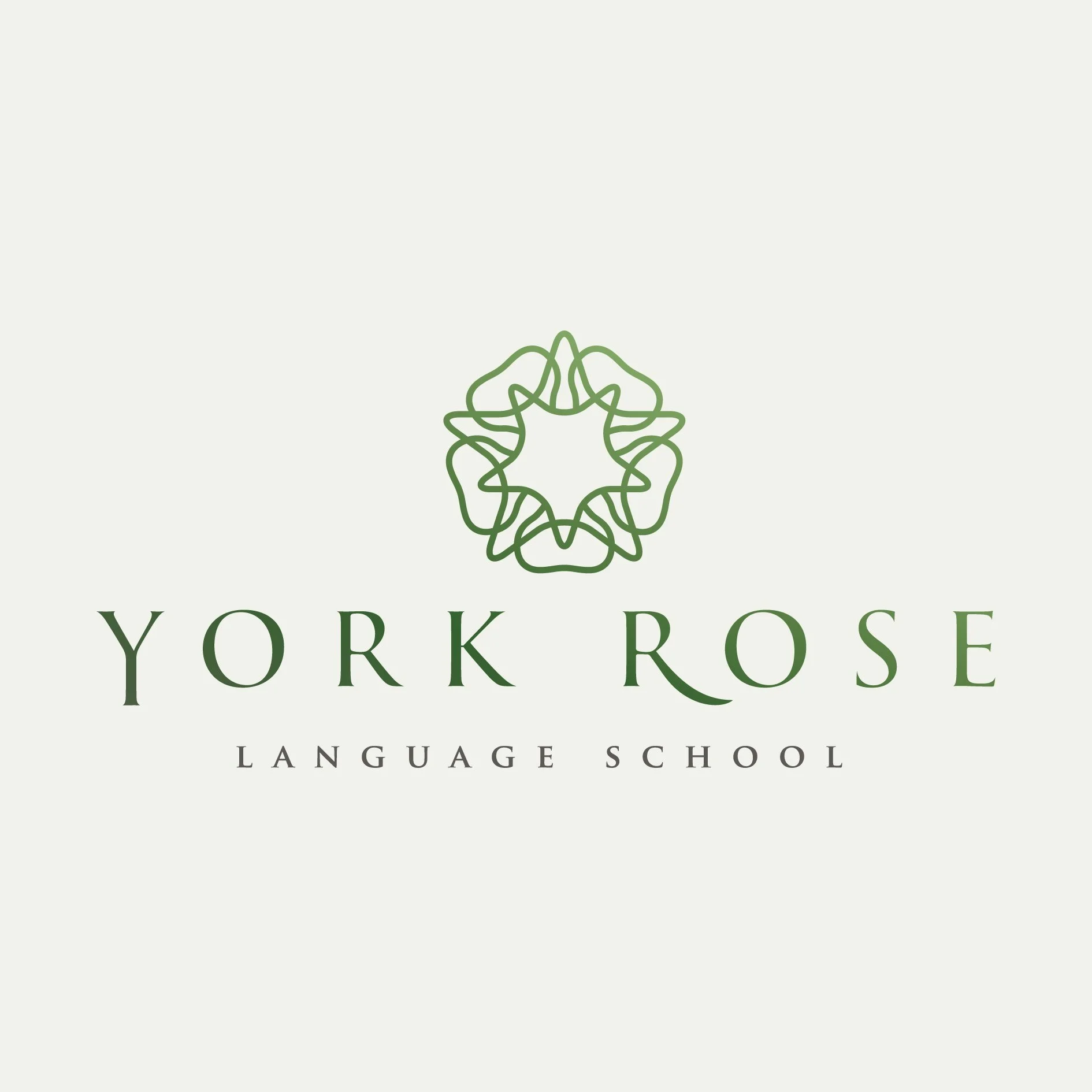 York Rose Language School logo featuring a green stylized floral emblem above the words ‘York Rose’ and ‘Language School