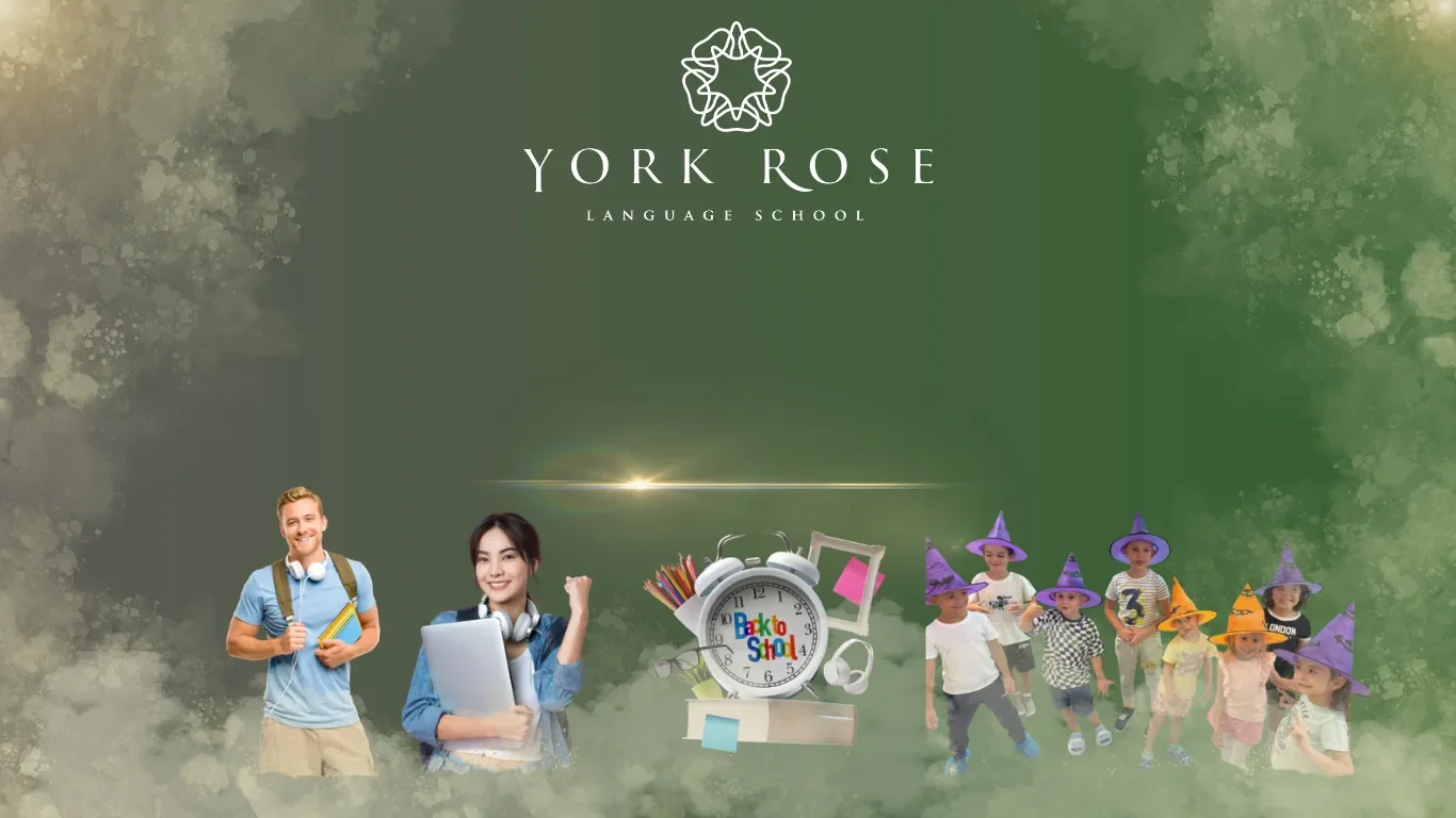 Bannerul principal al școlii York Rose Language School pe fundal verde, prezentând cursurile de engleză, germană și japoneză cu ilustrații de elevi, studenți și elemente școlare.