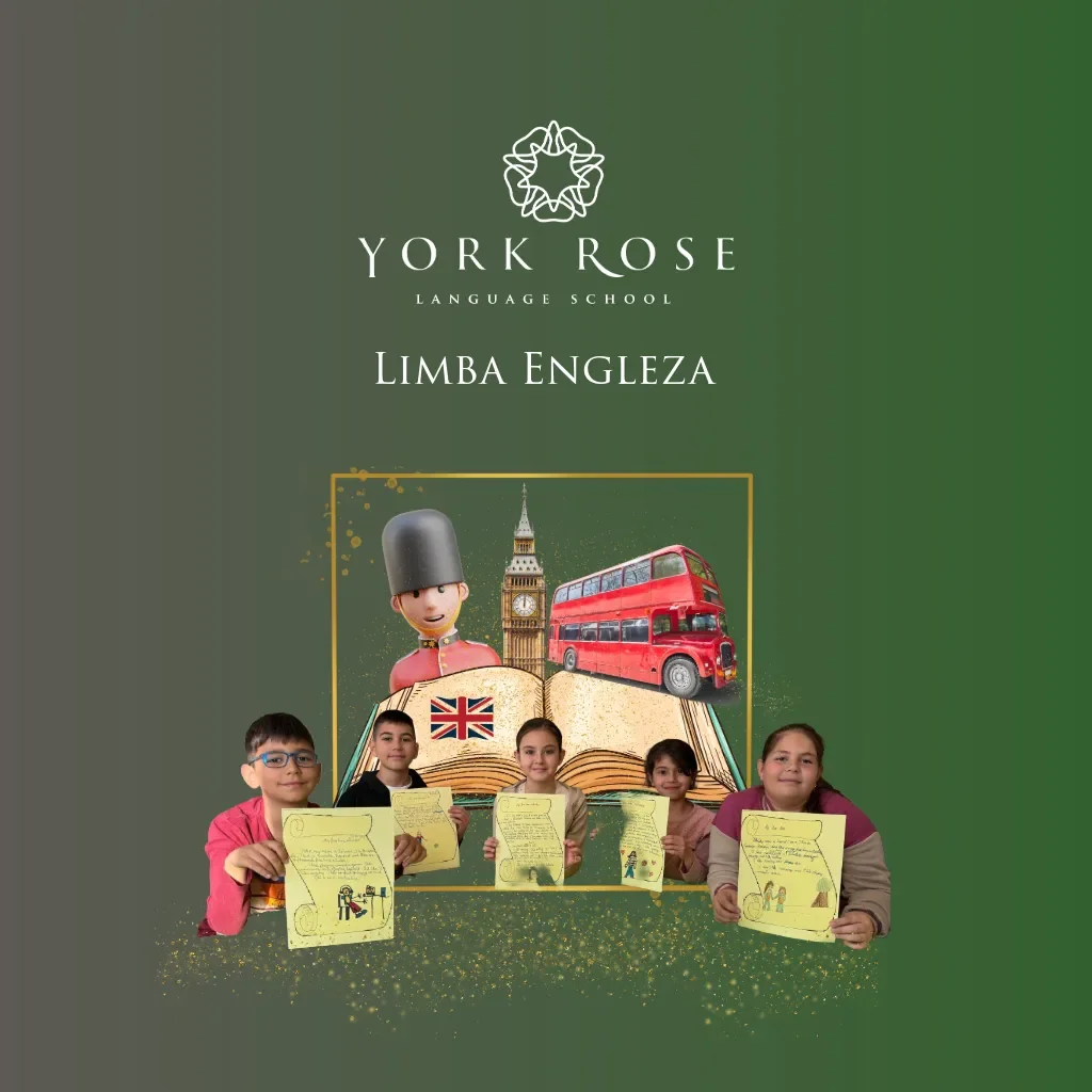 Banner cu elevi York Rose Constanța prezintă proiecte în limba engleză în cadrul unui curs interactiv pentru copii.