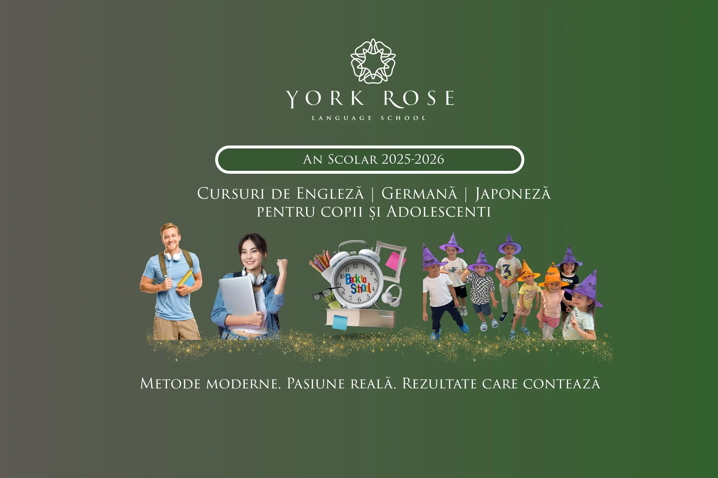 Banner web pentru York Rose Language School din Constanța, cu un fundal elegant verde gradient și acuarelă verde-praz