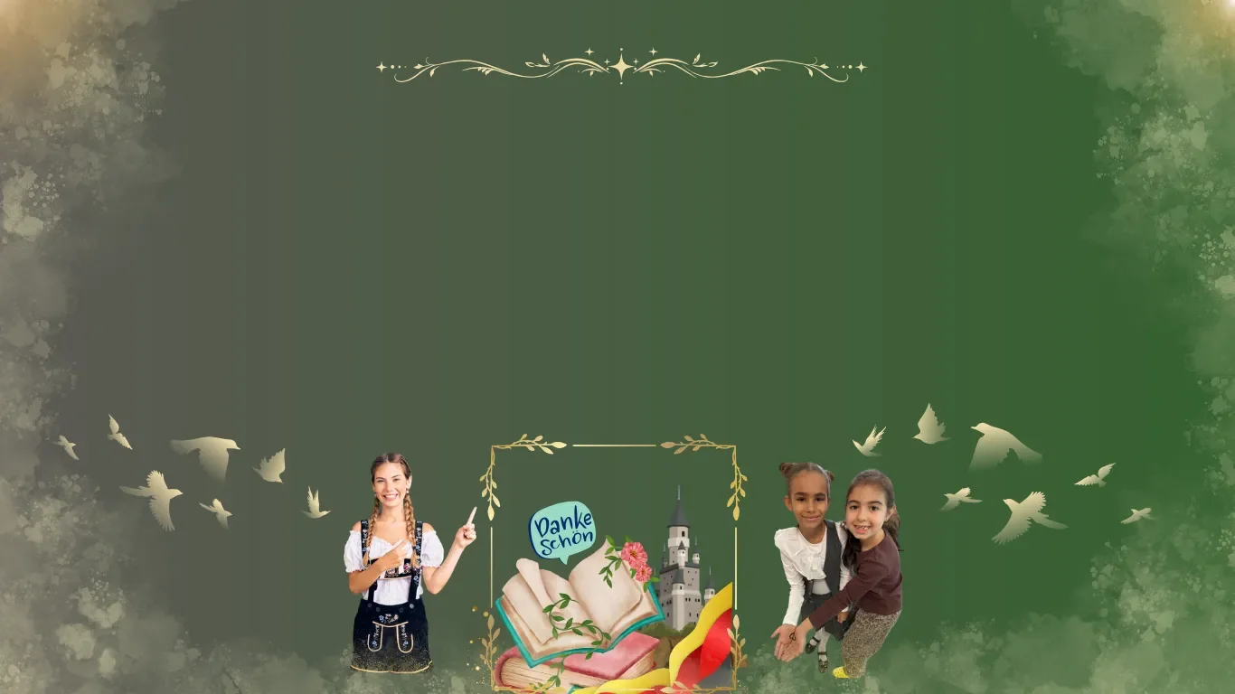 Banner York Rose pentru cursuri de limba germană în Constanța, ilustrând copii şi adolescenți zâmbitori, elemente tradiționale germane și textul Aripi prin limba germană pe fundal verde elegant.