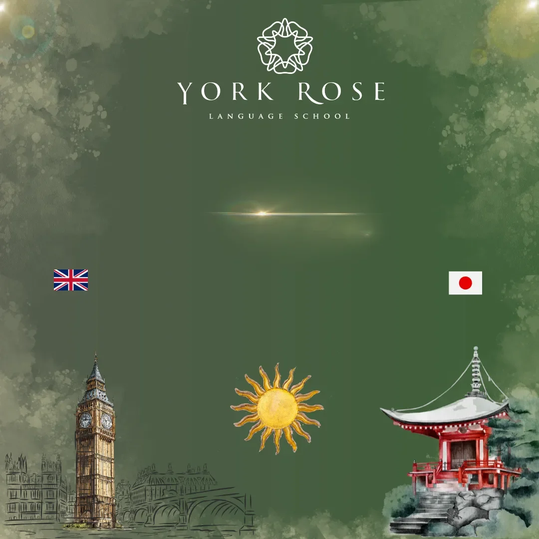 Bannerul paginii de înscrieri la cursurile de vară York Rose în Constanța pe fundal verde, ilustrând un soare central, turnul Big Ben cu steagul Marii Britanii și o pagodă japoneză cu steagul Japoniei.