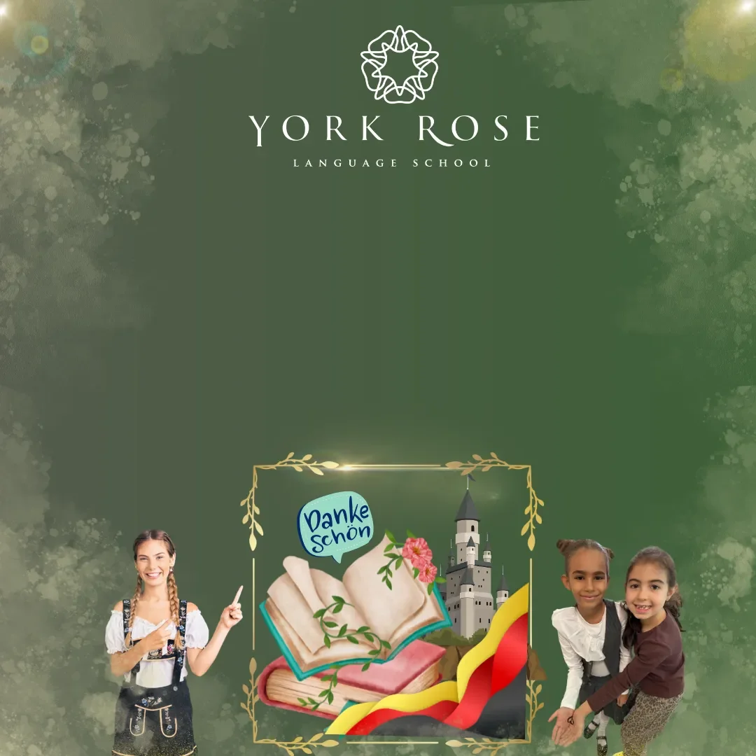 Bannerul paginii de înscrieri la germană York Rose in Constanta pe fundal verde, înfățișând o tânără în costum tradițional dirndl, două fetițe zâmbitoare și un colaj cu o carte deschisă, un castel și steagul Germaniei.
