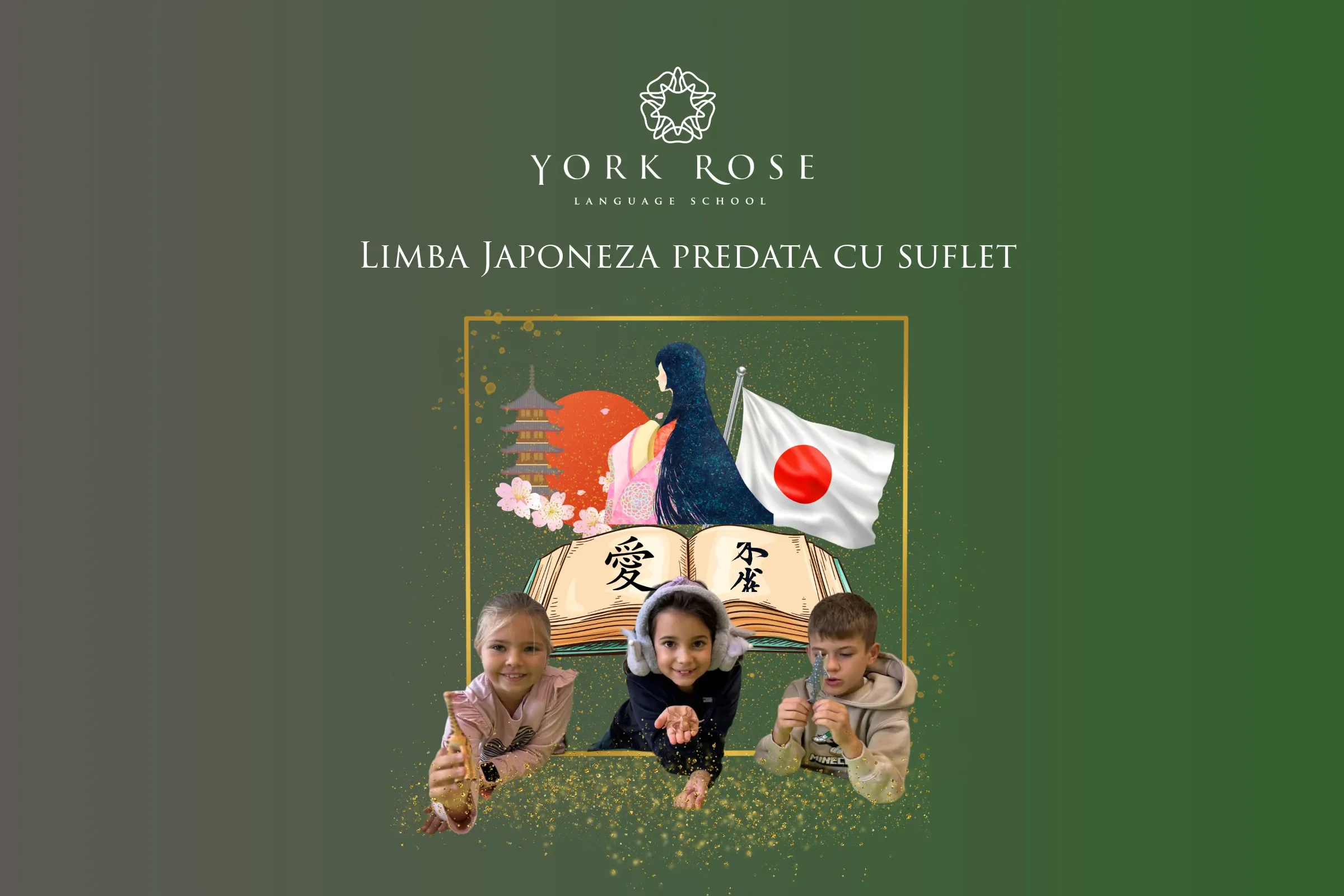 Cursuri de limba japoneză pentru copii la York Rose Language School Constanța – banner cu simboluri japoneze, steagul Japoniei și copii participanți.