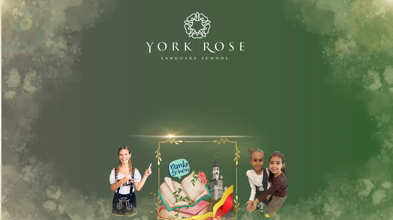 Bannerul paginii de germană York Rose Language School pe fundal verde, prezentând o ilustrație cu două fetițe vesele, o carte deschisă cu mesajul Danke Schön, steagul Germaniei și castelul Neuschwanstein.