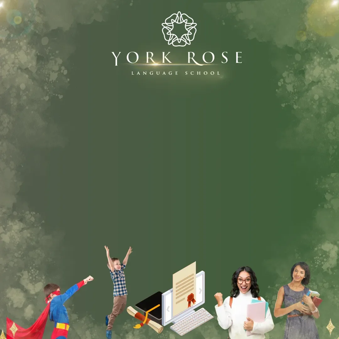 Bannerul paginii de înscrieri Cambridge la York Rose în Constanța pe fundal verde, prezentând un laptop cu o diplomă cu pecete roșie, o tocă de absolvent, tineri fericiți cu cărți în mână și un copil deghizat în supererou