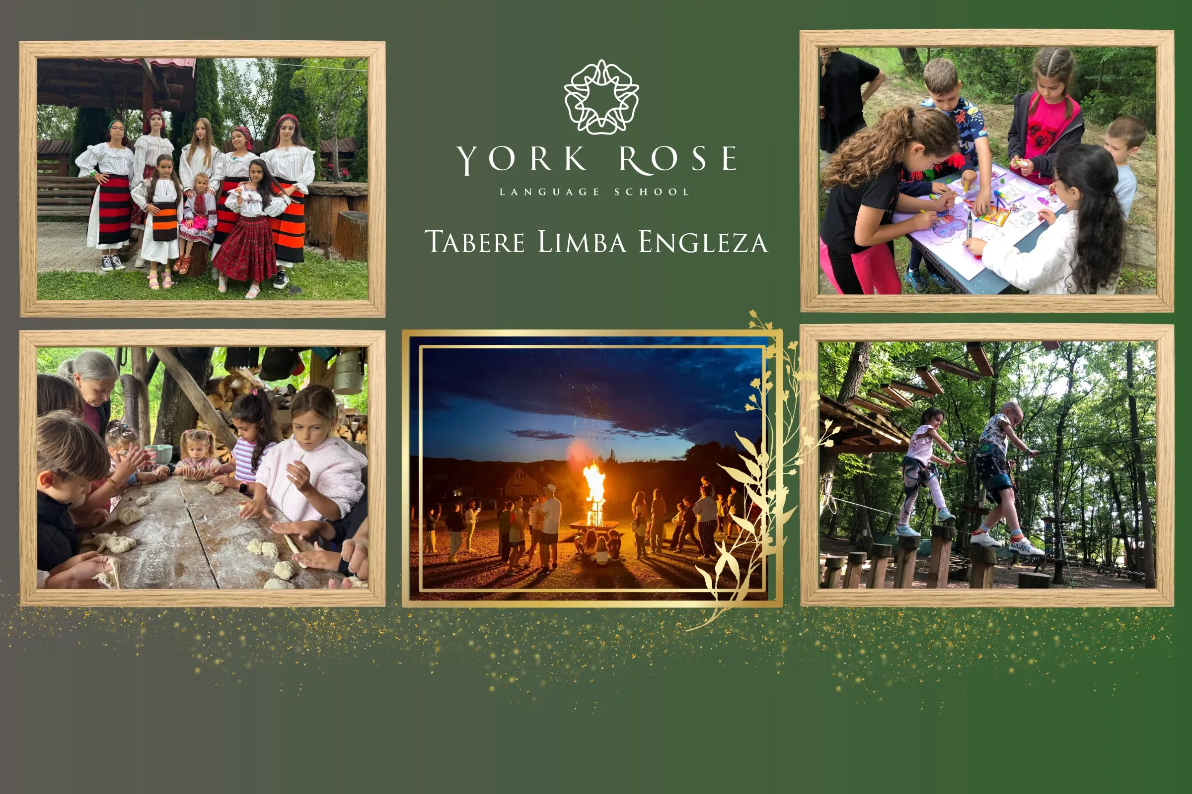 Tabără de limba engleză pentru copii organizată de York Rose Language School Constanța – activități în aer liber, jocuri de echipă, aventură parc și foc de tabără.