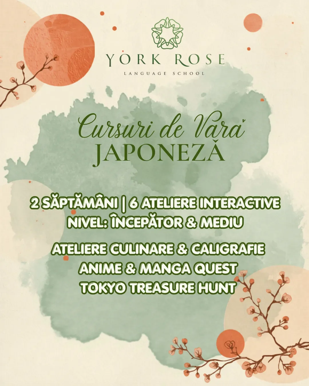 Afiș vertical York Rose Language School pentru cursurile de vară de limba japoneză din Constanța.