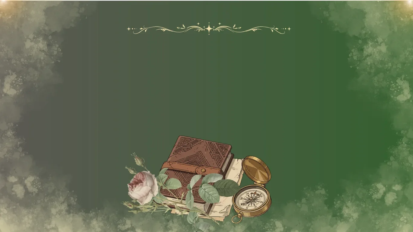 Banner grafic pentru pagina Misiune și Valori York Rose Constanța, înfățișând o busolă aurie, cărți vintage, un trandafir roz și textul Educație cu suflet clădită pe empatie, conexiune și excelență pe fundal verde