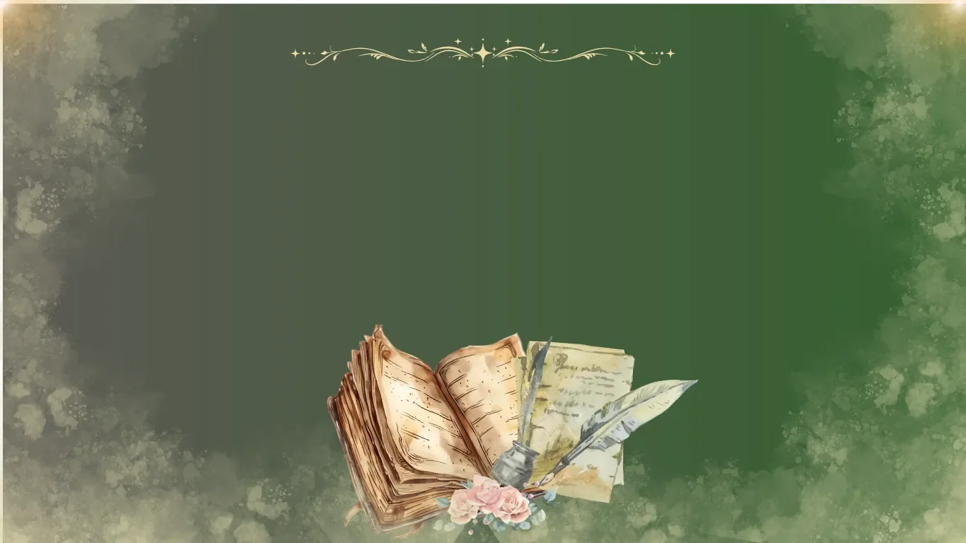 Banner grafic pentru pagina Despre Noi a York Rose Language School Constanța, înfățișând o carte deschisă vintage, o pană de scris cu călimară și trandafiri delicați pe fundal verde cu ornamente aurii.