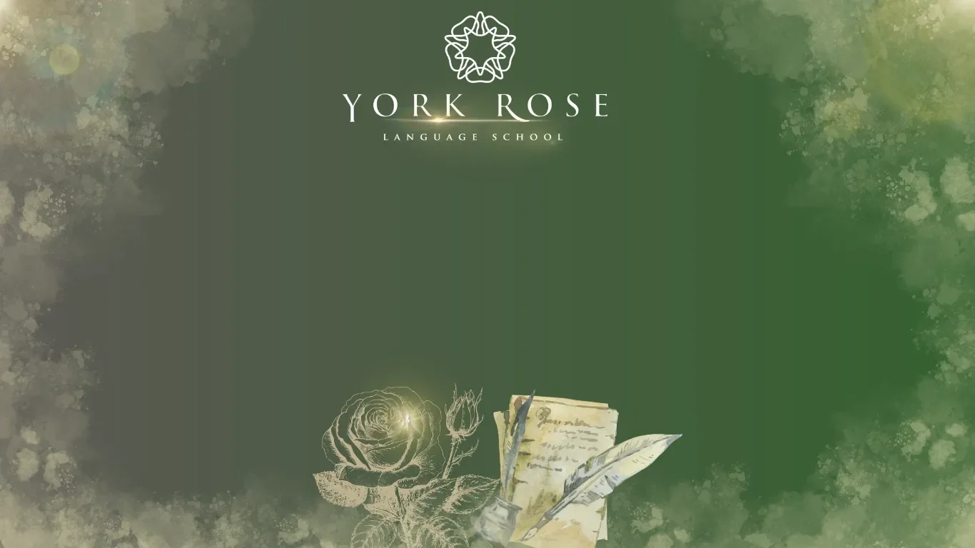 Bannerul paginii de contact York Rose Language School pe fundal verde, înfățișând o ilustrație vintage cu un trandafir, un pergament vechi, o călimară și o pană de scris sub logo-ul central al școlii.