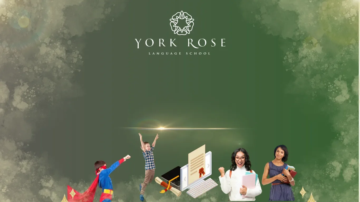 Bannerul paginii de examinare Cambridge York Rose Language School pe fundal verde, prezentând ilustrații cu copii și tineri bucuroși, o diplomă academică pe ecranul unui calculator, o tocă de absolvent și logo-ul alb al școlii.