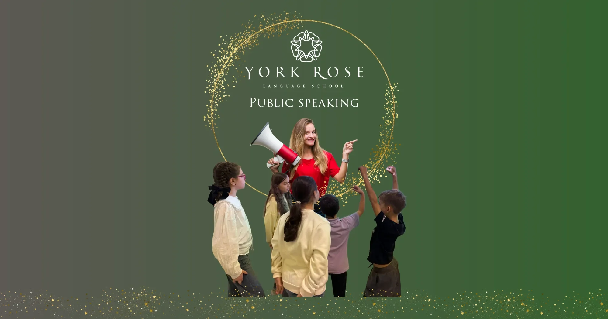 „Banner Public Speaking York Rose Constanța – curs de vară în limba engleză pentru adolescenți, dezvoltarea abilităților de vorbit în public.”