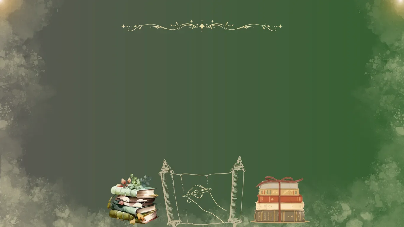 Banner grafic pentru înscrieri la cursurile de limbi strǎine la York Rose Constanța, ilustrând cărți, un pergament cu o mână care scrie și elemente aurii decorative pe fundal verde elegant