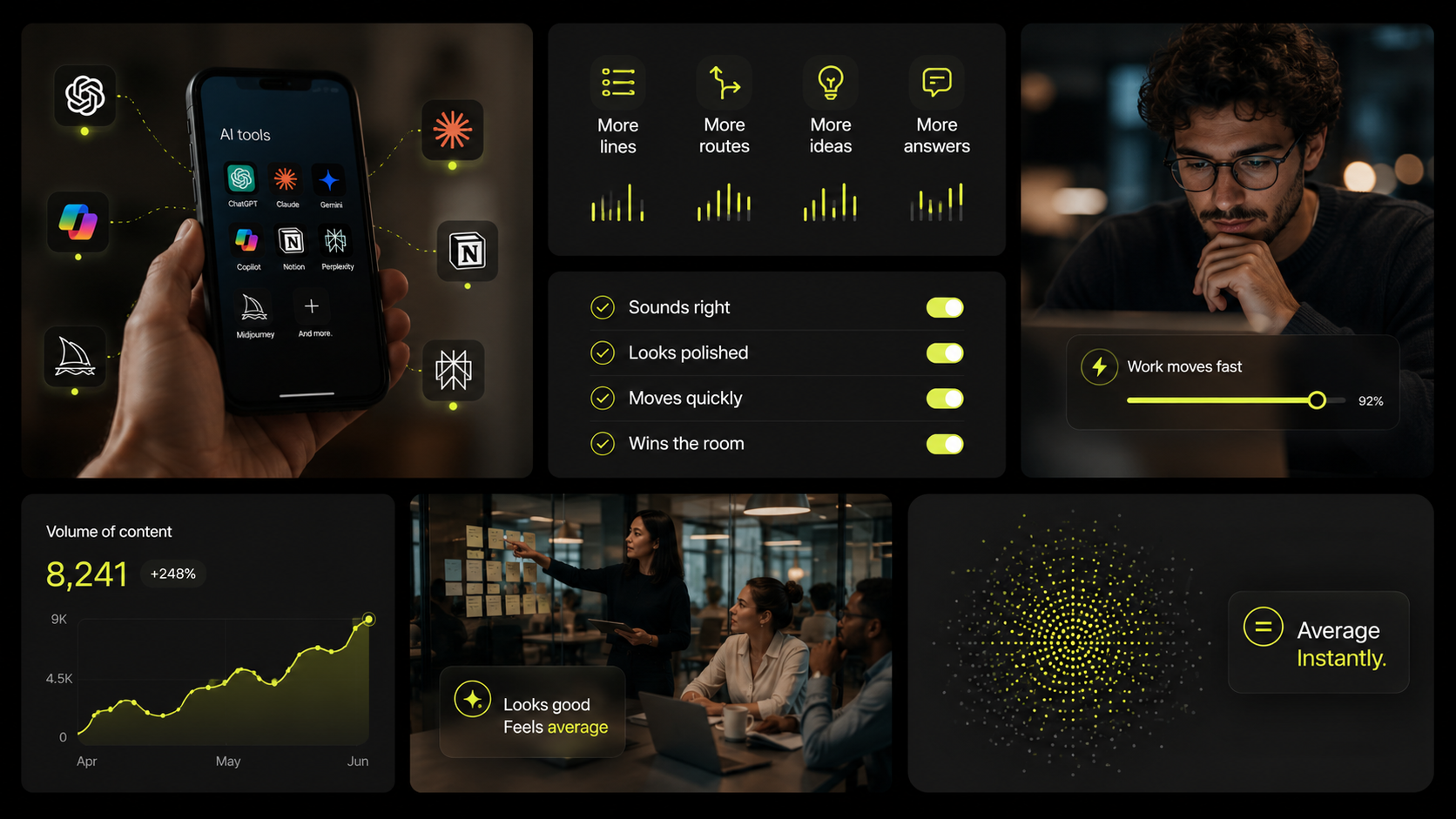 A collage of screenshots showing AI and data analysis tools, a man working at a computer, a woman presenting to colleagues, and graphical data representations, with a focus on technology and business analytics.