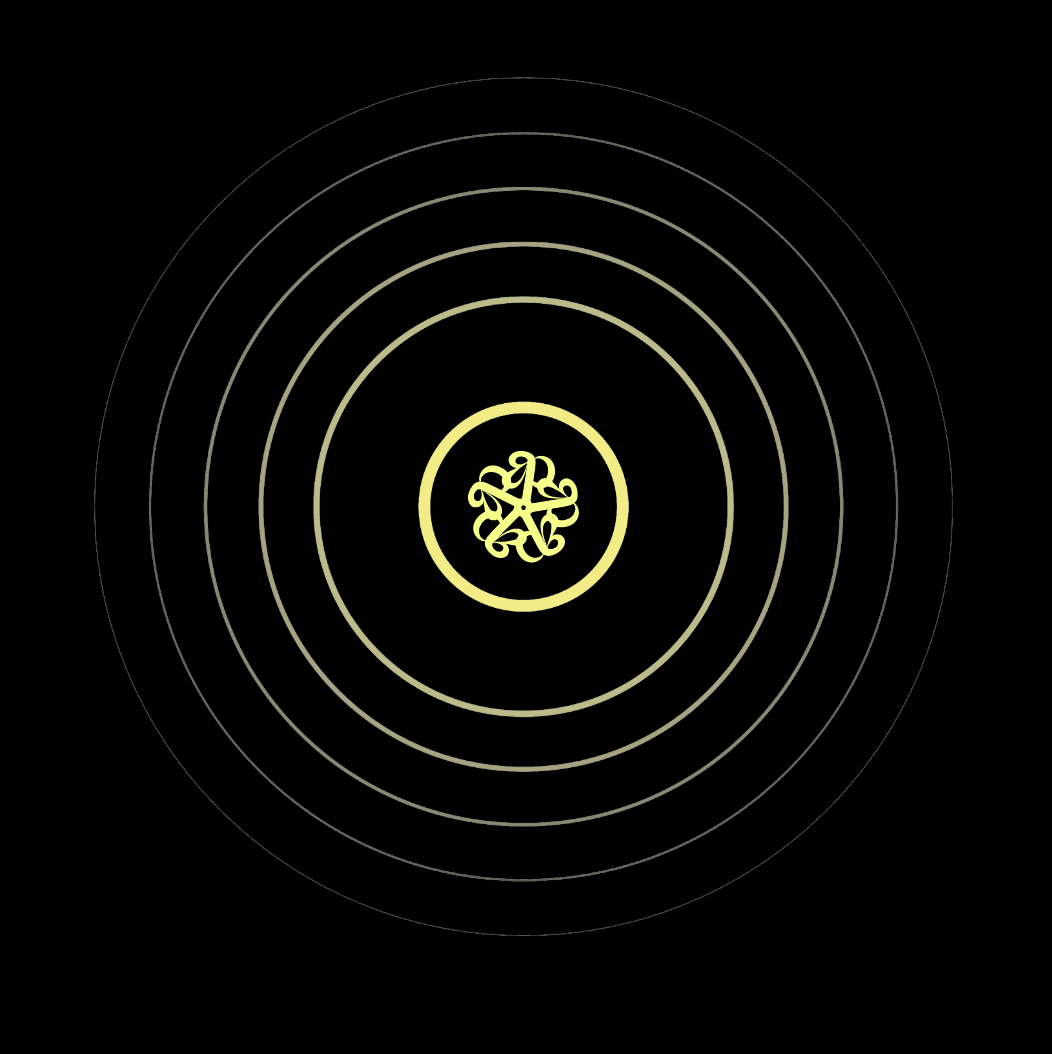 Black background with concentric glowing circles radiating from a central intricate yellow symbol.