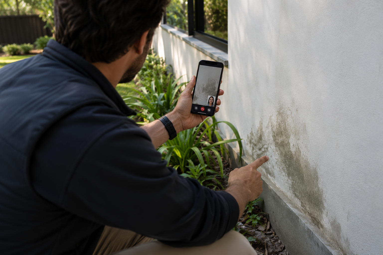 Hombre con chaqueta negra tomando una foto de manchas de humedad en una pared exterior con su teléfono móvil.