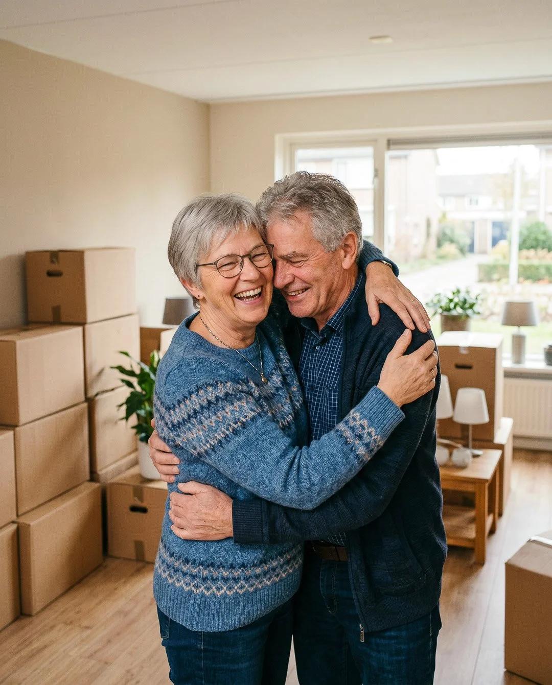 Een oudere vrouw en man omhelzen elkaar lachend in een woonkamer, omringd door verhuisdozen en meubels.