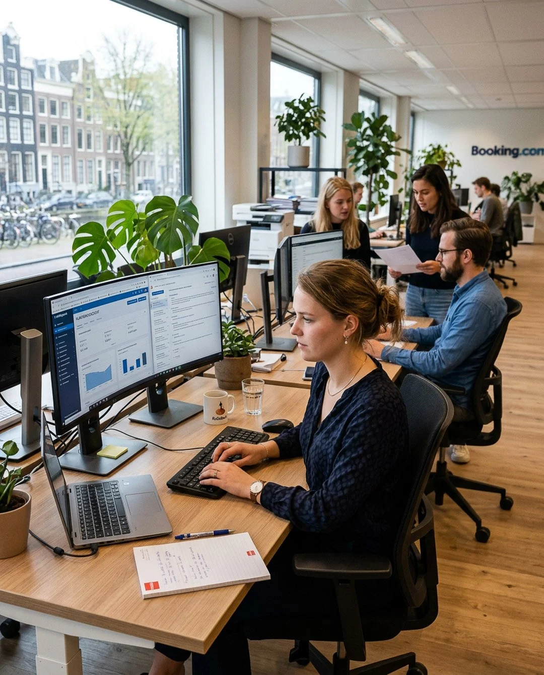 Kantoorgebouw met werknemers die aan computers werken, grote ramen, planten en een Booking.com logo in de achtergrond.