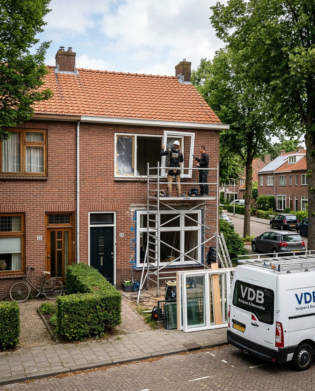 Bouwers werken aan een huis dat wordt gerenoveerd, met een steiger en raamframes, in een woonwijk met bomen en geparkeerde auto's.