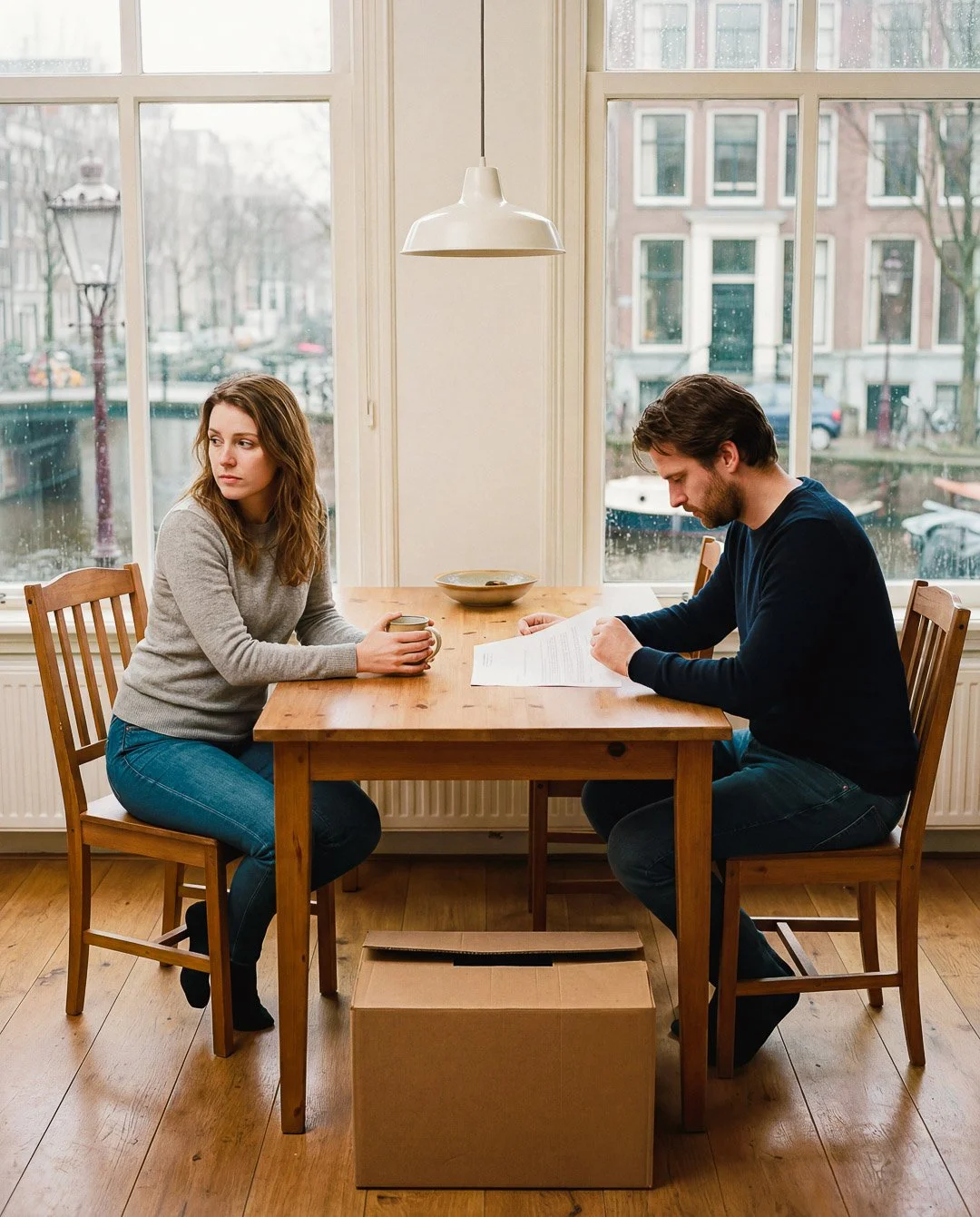 Een vrouw en een man zitten aan een houten eettafel in een kamer met grote ramen. De vrouw heeft een kopje in haar hand en kijkt de kamer in, terwijl de man naar een document kijkt. Buiten de ramen zijn gebouwen en een straat zichtbaar.