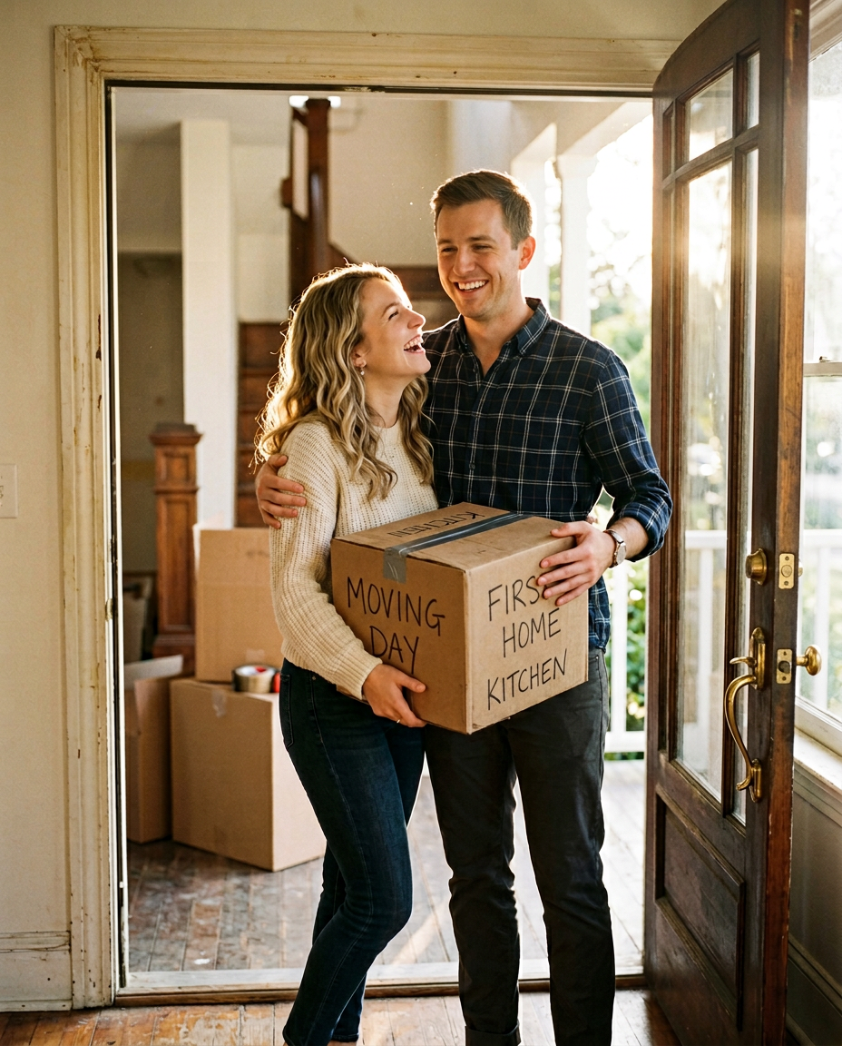 Een gelukkig stel dat net is verhuisd en een doos vasthoudt met de woorden 'Moving Day' en 'First Home Kitchen' geschreven erop, terwijl ze bij de ingang van hun huis staan en lachen naar elkaar.