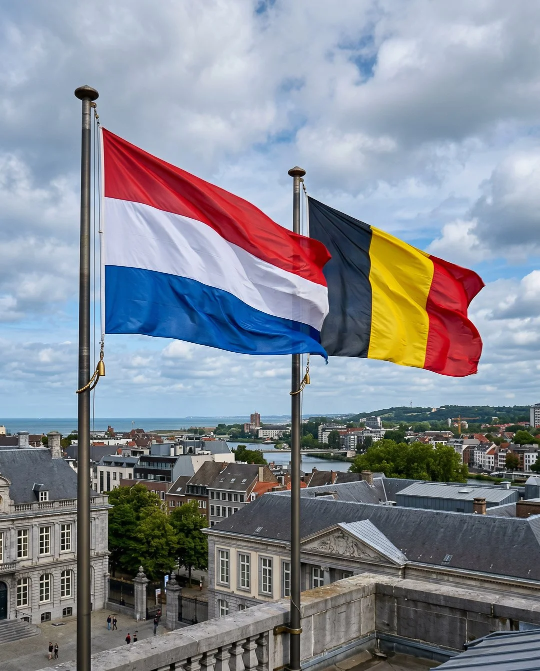Nederlandse en Belgische vlaggen wapperen op een balkon met uitzicht op een stad, rivier en groene heuvels onder een bewolkte hemel.