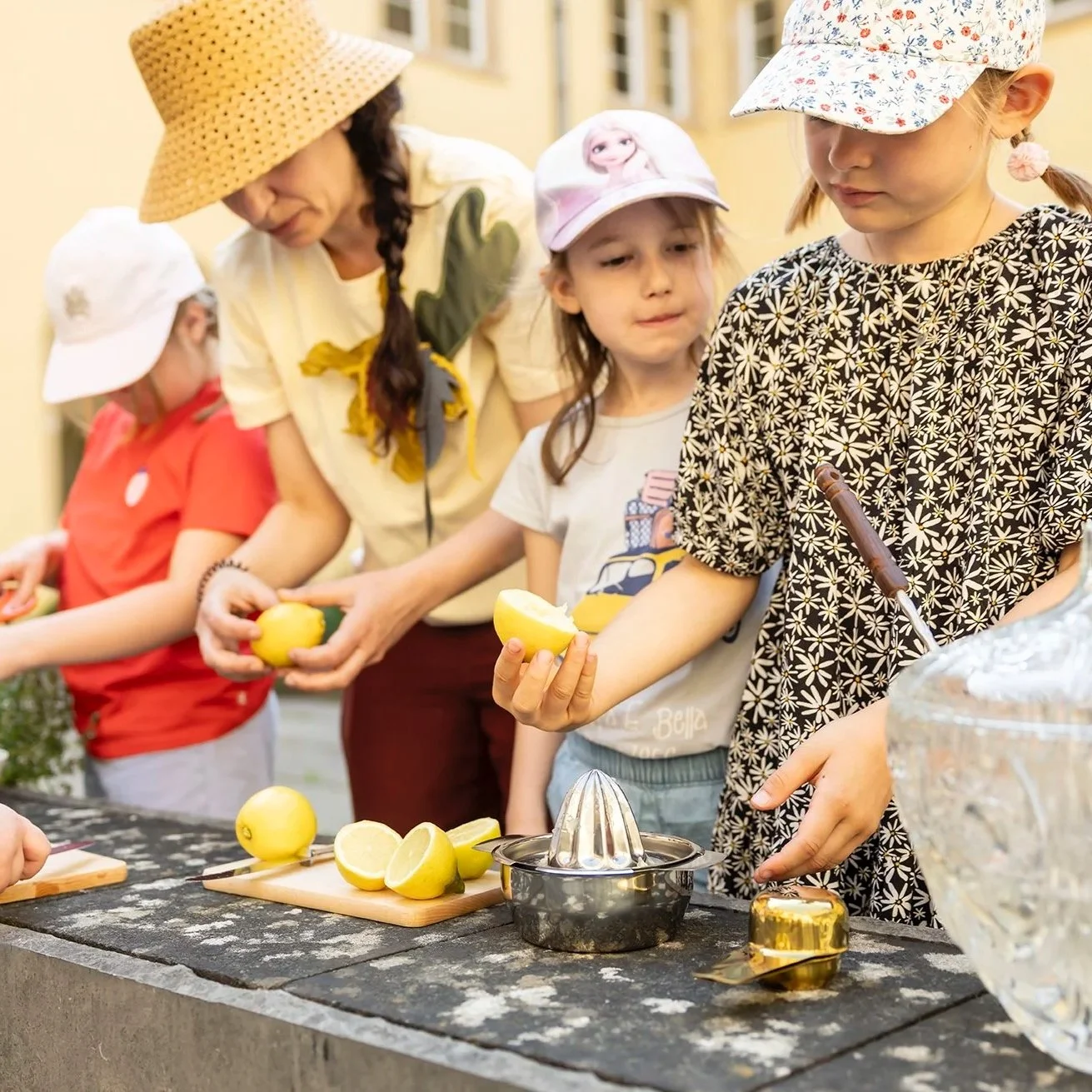 Open air theater piece for children in the middle of a summer garden